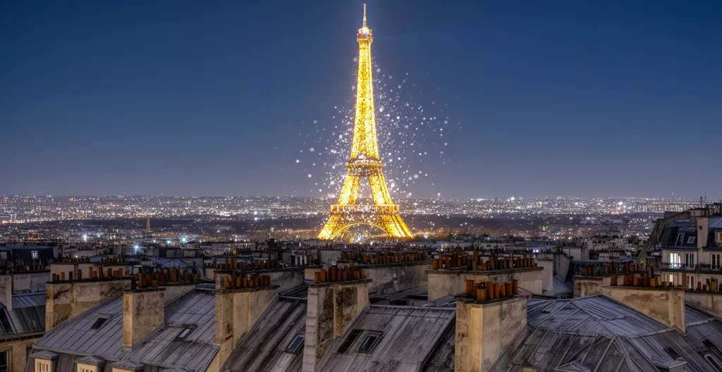 Eiffel Tower illuminated at night with golden lights and sparkle display