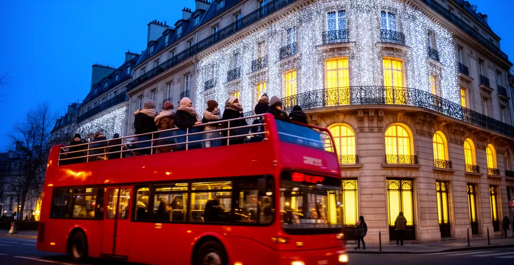 Double-decker open-top tour bus passing illuminated Parisian building at dusk